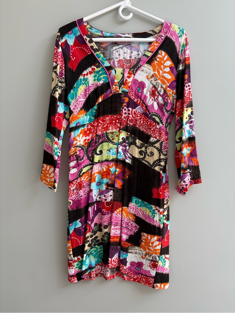 Jams World Multicolor V-Neck Patchwork Tunic/Dress — Black, Pink, Orange, Teal
